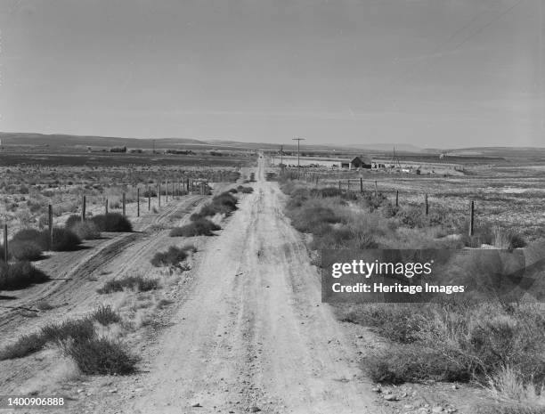 Section of lone road approaching the Schroeder place. Dead Ox Flat, Malheur County, Oregon. Artist Dorothea Lange.