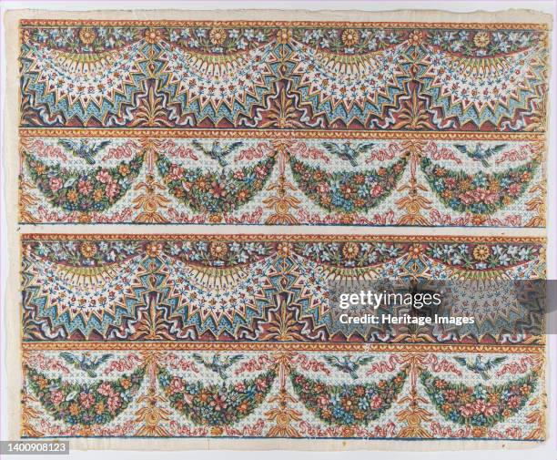 Sheet with a two borders with four hanging draperies,multicolor festoons, and birds, late 18th-mid-19th century. Artist Anon.