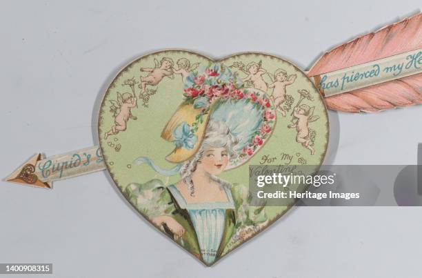 Valentine - Mechanical - Heart with arrow opens, image of a woman, circa 1875. Artist Anon.