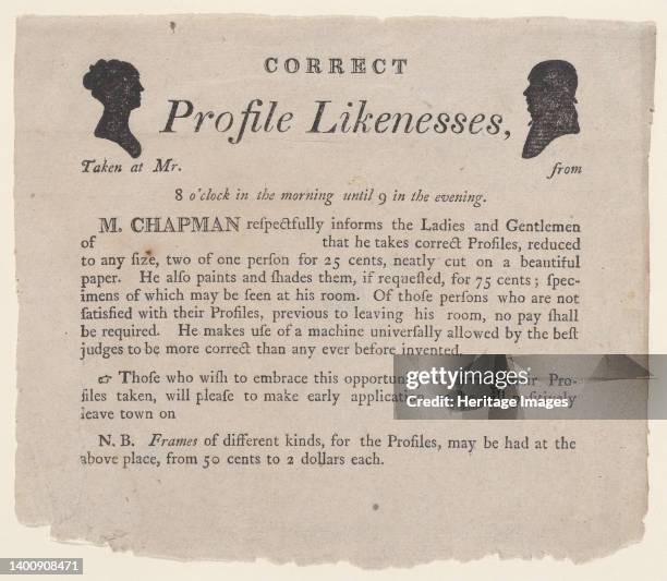 Advertisement for profile likenesses by Moses Chapman, 1803-21. Artist Anon.