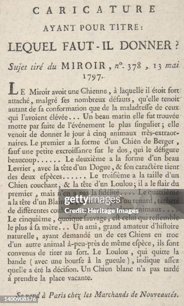 Caricature, Ayant Pour Titre: Lequel Faut-il Donner?, Sujet tiré du Miroir, no. 378, 13 Mai 1797. Artist Anon.