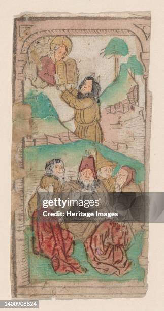 Moses Receiving the Law, illustration from a Biblia Pauperum blockbook, 4th edition, circa 1465. Artist Anon.