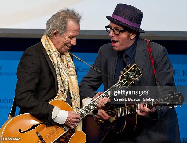 Keith Richards and Elvis Costello perform during the ceremony in which Chuck Berry and Leonard Cohen received awards during the 2012 PEN New England...