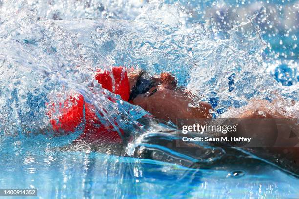 Preston Clannels competes in the 200 Meter Backstroke Final on Day three of the TYR Pro Swim Series Mission Viejo at Marguerite Aquatics Center on...