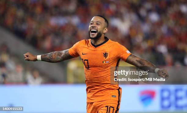 Memphis Depay of The Netherlands celebrates during the UEFA Nations League League A Group 4 match between Belgium and The Netherlands at King...