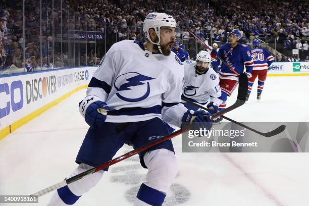 Nicholas Paul of the Tampa Bay Lightning celebrates after scoring a third period goal against the New York Rangers in Game Two of the Eastern...