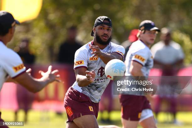 Hamiso Tabuai-Fidow during a Queensland Maroons State of Origin training session at Sanctuary Cove on June 04, 2022 in Gold Coast, Australia.