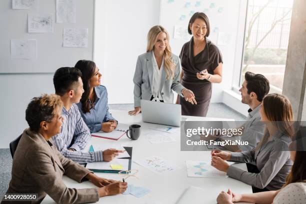 koreanische reife frau und kaukasische junge frau leiten treffen von multirassischen arbeitskollegen, die ideen und geschäfte diskutieren zusammen am tisch sitzend in modernem kreativem bürointerieur mit hohem winkelblick tagsüber - internship marketing stock-fotos und bilder