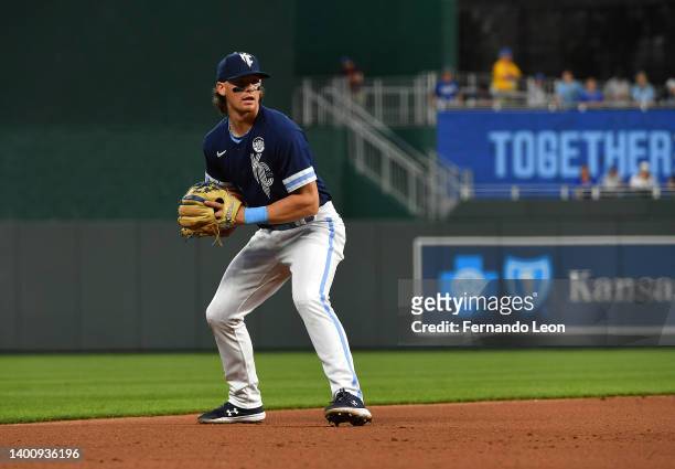 Short stop Bobby Witt Jr. #7 of the Kansas City Royals holds on to the ball in the sixth inning during the game against the Houston Astros at...