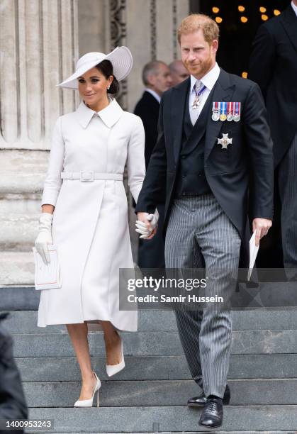 Meghan, Duchess of Sussex and Prince Harry, Duke of Sussex attend the National Service of Thanksgiving at St Paul's Cathedral on June 03, 2022 in...