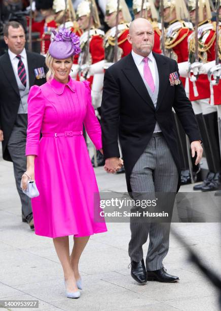 Mike Tindall and Zara Tindall attend the National Service of Thanksgiving at St Paul's Cathedral on June 03, 2022 in London, England. The Platinum...