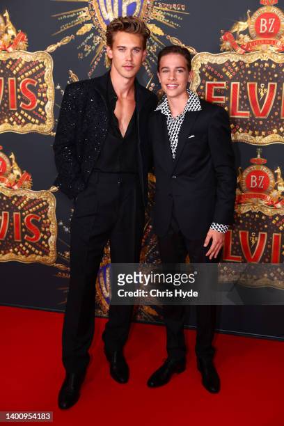 Austin Butler and Chaydon Jay attend the Australian premiere of ELVIS at Event Cinemas Pacific Fair on June 04, 2022 in Gold Coast, Australia.