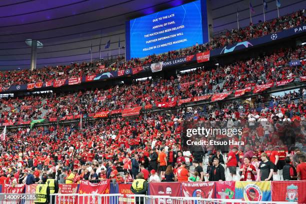 Electric screen at Liverpool fans end displays a message confirming a delayed kick off due to a security issue prior to the UEFA Champions League...