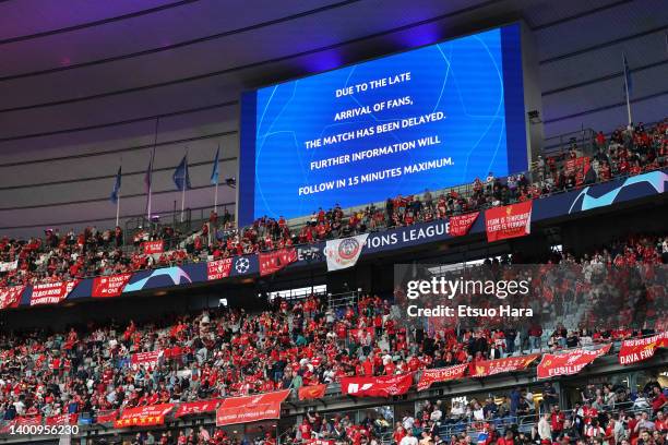 Electric screen at Liverpool fans end displays a message confirming a delayed kick off due to a security issue prior to the UEFA Champions League...