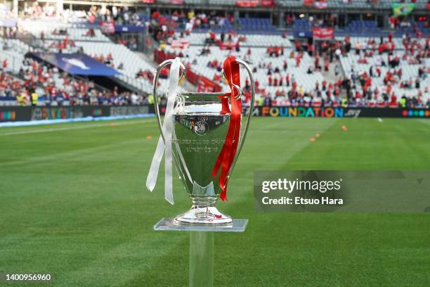 The trophy is seen prior to the UEFA Champions League final match between Liverpool FC and Real Madrid at Stade de France on May 28, 2022 in Paris,...