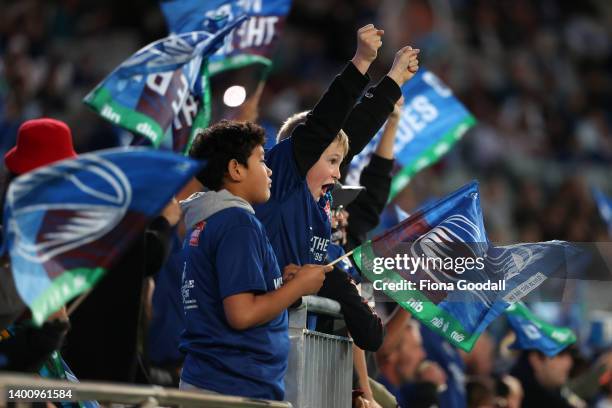 Fans during the quarter final Super Rugby Pacific match between the Blues and the Highlanders at Eden Park on June 04, 2022 in Auckland, New Zealand.