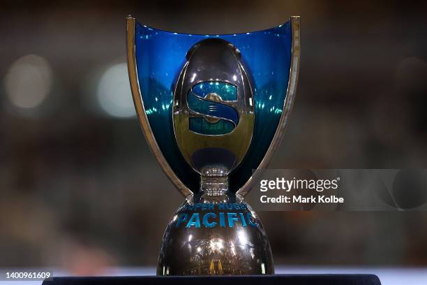 The Super Rugby trophy is seen on display during the Super Rugby Pacific Quarter Final match between the ACT Brumbies and the Hurricanes at GIO...