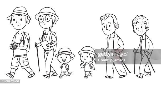 black and white, family hiking - family hiking stock illustrations