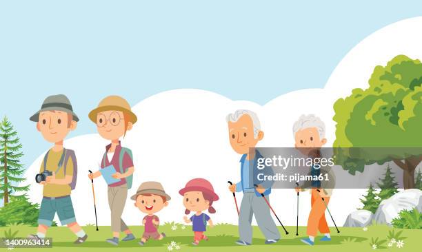 stockillustraties, clipart, cartoons en iconen met family hiking - kind camera bloemen