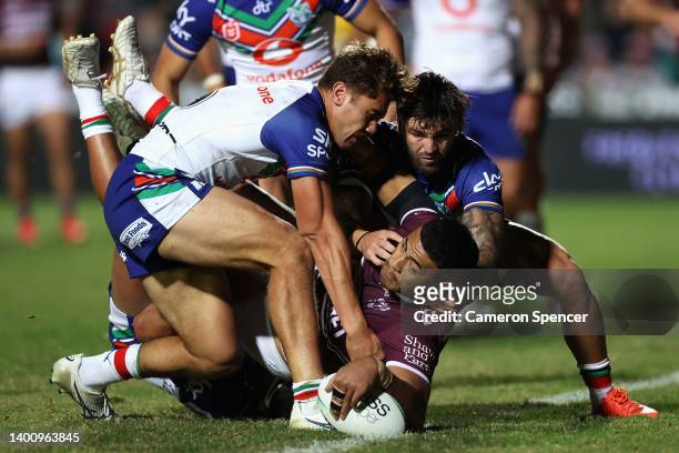Haumole Olakau'atu of the Sea Eagles scores a try during the round 13 NRL match between the Manly Sea Eagles and the New Zealand Warriors at 4 Pines...
