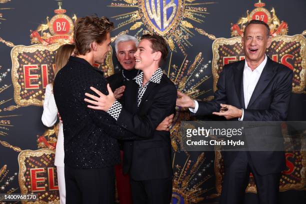 Austin Butler and Chaydon Jay and Tom Hanks attend the Australian premiere of ELVIS at Event Cinemas Pacific Fair on June 04, 2022 in Gold Coast,...