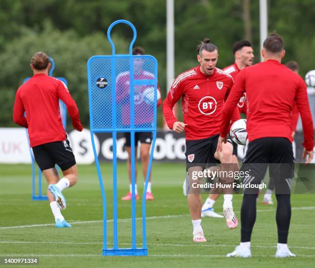 Gareth Bale Captain of Wales during the Wales FA training session ahead of their World Cup eliminator against Ukraine at The Vale Resort on June 04,...