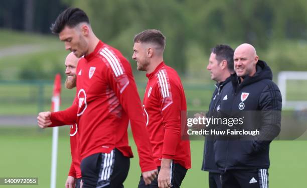 Rob Page Head Coach oversees the training during the Wales FA training session ahead of their World Cup eliminator against Ukraine at The Vale Resort...