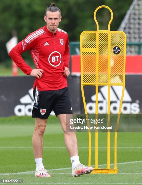 Gareth Bale Captain of Wales during the Wales FA training session ahead of their World Cup eliminator against Ukraine at The Vale Resort on June 04,...