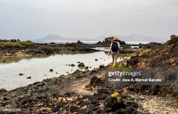 excursion woman walking along the coast through a volcanic terrain by the sea. - corralejo stock-fotos und bilder