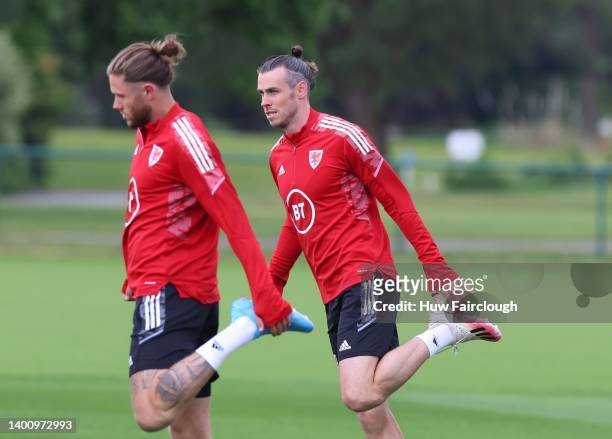 Gareth Bale Captain of Wales during the Wales FA training session ahead of their World Cup eliminator against Ukraine at The Vale Resort on June 04,...