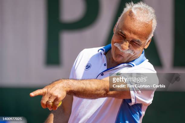 Mansour Bahrami of France playing in the Men's Legends Doubles match on Court Suzanne Lenglen at the 2022 French Open Tennis Tournament at Roland...