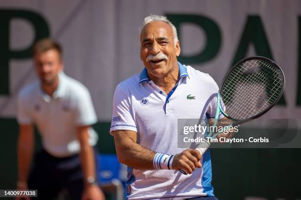 Mansour Bahrami of France playing in the Men's Legends Doubles match on Court Suzanne Lenglen at the 2022 French Open Tennis Tournament at Roland...