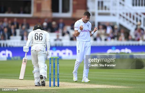 England bowler James Anderson celebrates after taking the wicket of New Zealand batsman Tom Blundell during day three of the first Test Match between...