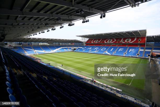General view of Cardiff City Stadium being prepared for the Wales V Ukraine word cup eliminator at The Cardiff City Stadium, on June 04, 2022 in...