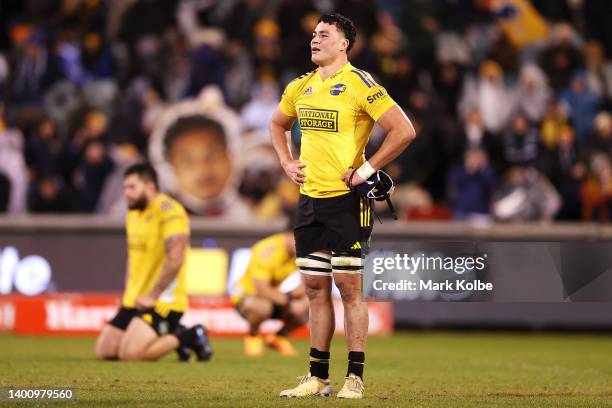 Brayden Iose of the Hurricanes looks dejected after defeat during the Super Rugby Pacific Quarter Final match between the ACT Brumbies and the...