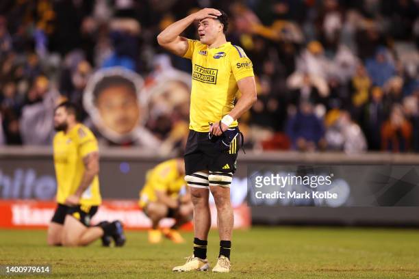 Brayden Iose of the Hurricanes looks dejected after defeat during the Super Rugby Pacific Quarter Final match between the ACT Brumbies and the...