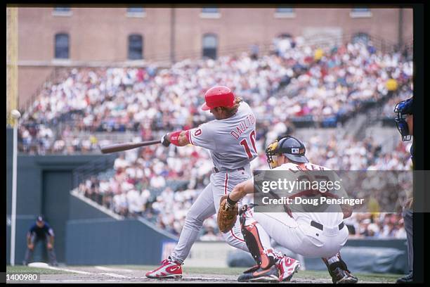 Center Darren Daulton of the Philadelphia Phillies swings at the ball as catcher Tim Laker of the Baltimore Orioles watches during a game at Camden...