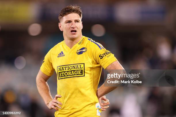Jordie Barrett of the Hurricanes looks dejected after defeat during the Super Rugby Pacific Quarter Final match between the ACT Brumbies and the...