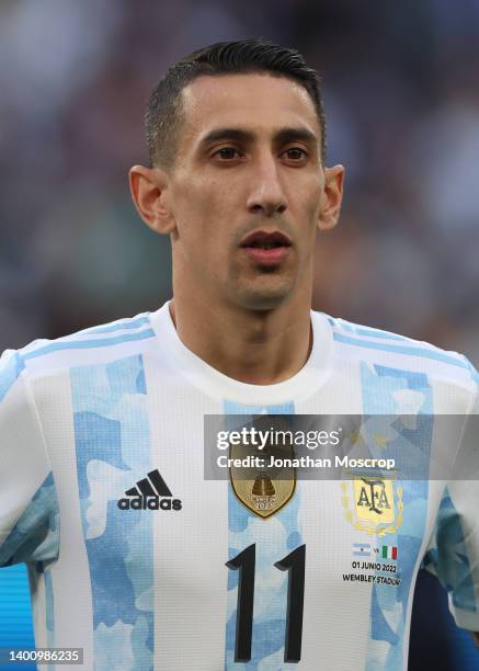 Angel Di Maria of Argentina looks on during the line up prior to the match between Italy and Argentina at Wembley Stadium on June 01, 2022 in London,...