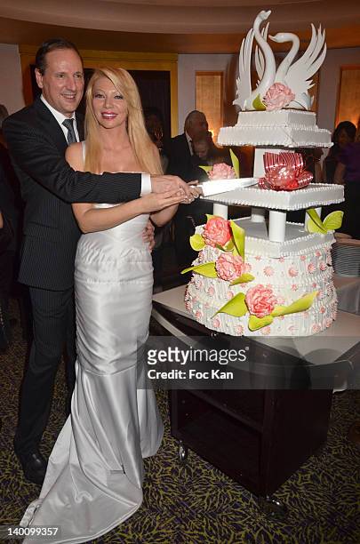 Businessman Patrice Gravelin and his wife TV presenter/culinary journalist Nadine Rodd attend the Nadine Rodd Wedding Cocktail Party at Salon Diane...