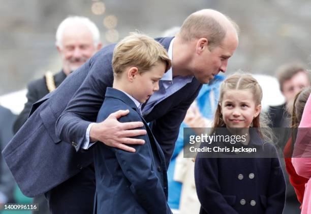 Prince William, Duke of Cambridge with Prince George of Cambridge and Princess Charlotte of Cambridge during a visit to Cardiff Castle, where they...