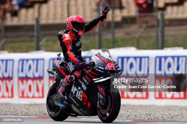 Aleix Espargaró of Spain and Aprilia Racing celebrating his pole position during the Moto GP Qualifying at Circuit de Barcelona-Catalunya on June 4,...