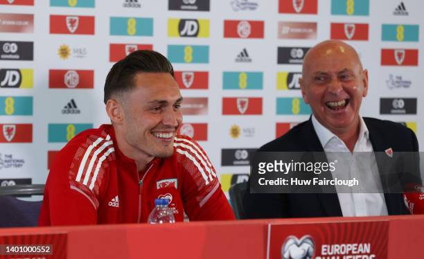 Connor Roberts of Wales attends a press conference at The Cardiff City Stadium, ahead of their World Cup Qualifier against Ukraine, on June 04, 2022...