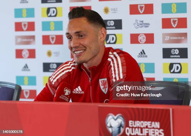 Connor Roberts of Wales attends a press conference at The Cardiff City Stadium, ahead of their World Cup Qualifier against Ukraine, on June 04, 2022...