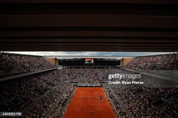 General view as Iga Swiatek of Poland plays a backhand against Coco Gauff of The United States during the Women’s Singles final match on Day 14 of...