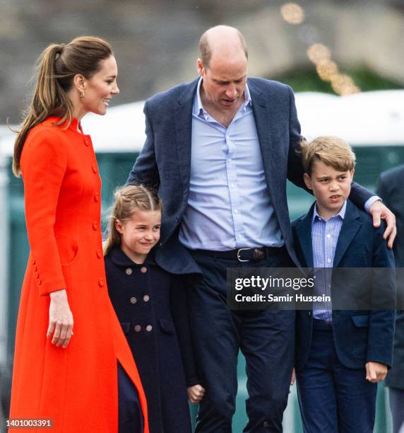 Catherine, Duchess of Cambridge, Princess Charlotte of Cambridge, Prince William, Duke of Cambridge and Prince George of Cambridge during a visit to...