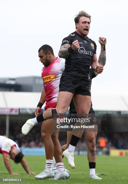Stuart Hogg of Exeter Chiefs celebrates scoring their sides second try during the Gallagher Premiership Rugby match between Exeter Chiefs and...