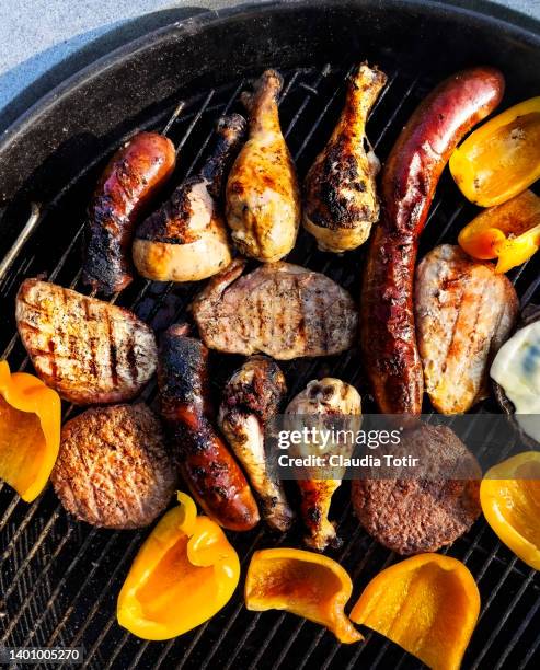 grilled meat and vegetables - grill directly above stock pictures, royalty-free photos & images