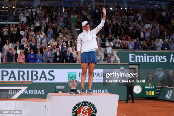 Iga Swiatek of Poland celebrates after winning against Coco Gauff of The United States during the Women’s Singles final match on Day 14 of The 2022...