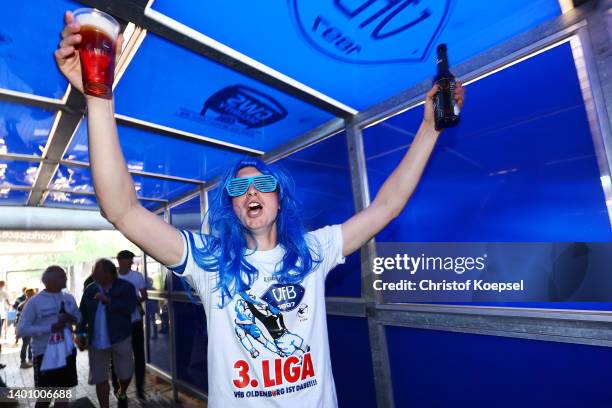 Maik Lukowicz of VfB Oldenburg celebrates after the rise after the 3. Liga Play-Off second leg match between VfB Oldenburg and BFC Dynamo at...